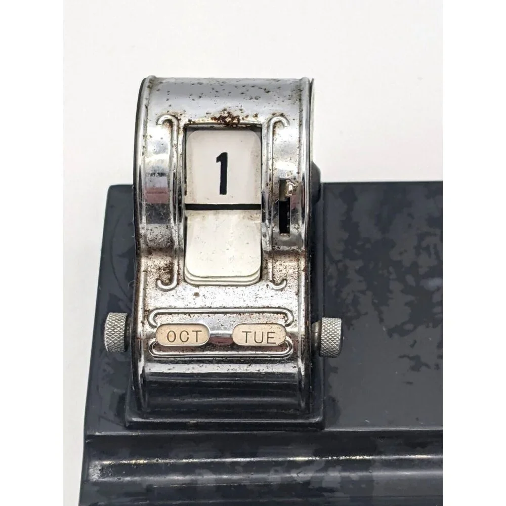 Vintage Perpetual Calendar Pen Holder Office Desk Top Black 6